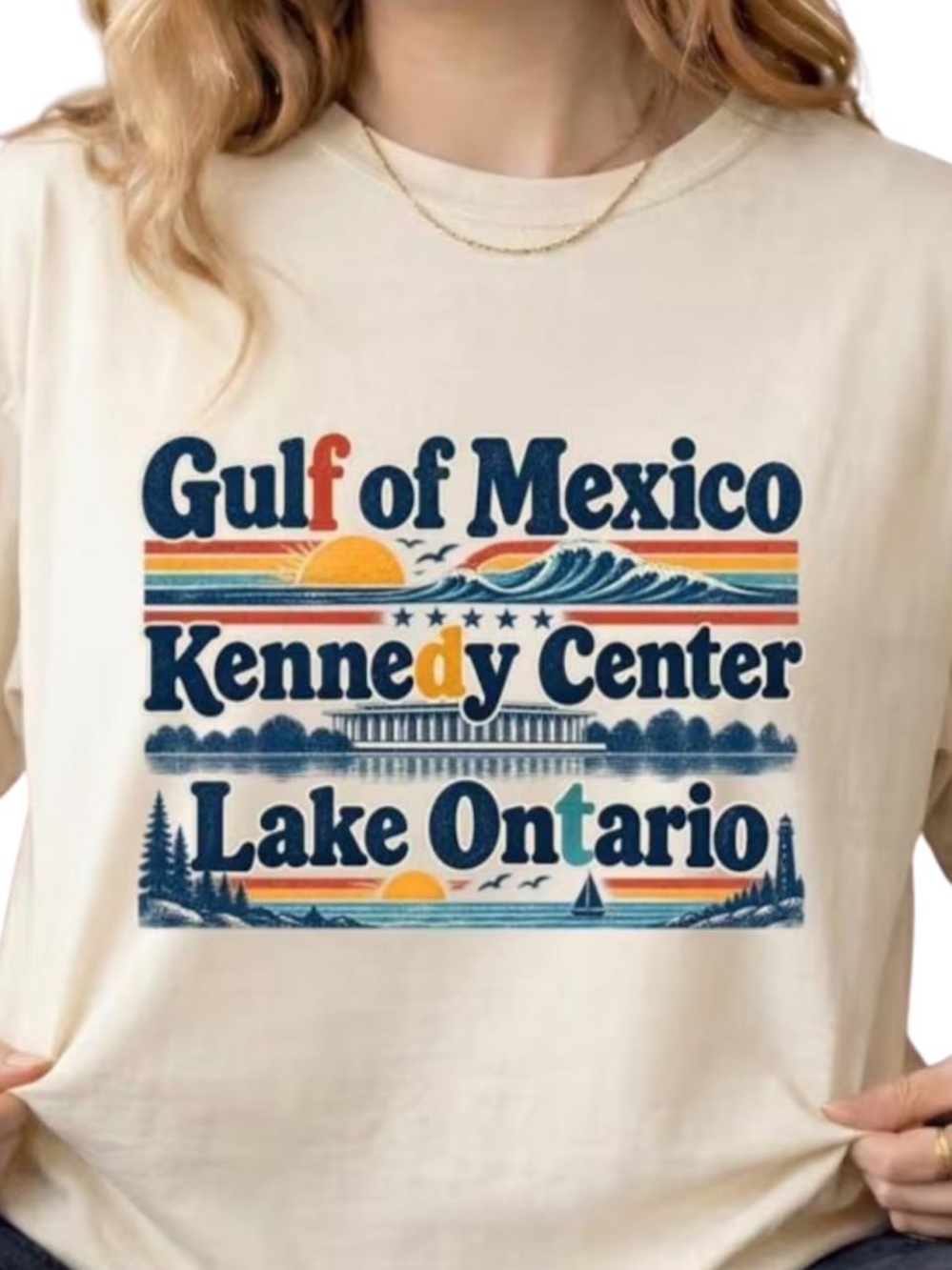 Cream Short Sleeve Tee with Navy, Orange, Teal Retro Graphic